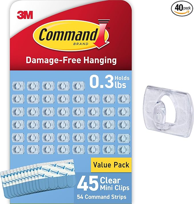 Command Clear Indoor Mini Light Clips Value Pack, 45 Clips, 54 Strips, Damage-Free String Light Hangers for Home, Room, Wall, Office, and Dorm Decor, Great for Cable Management, Holds up to 0.3 lb - string light