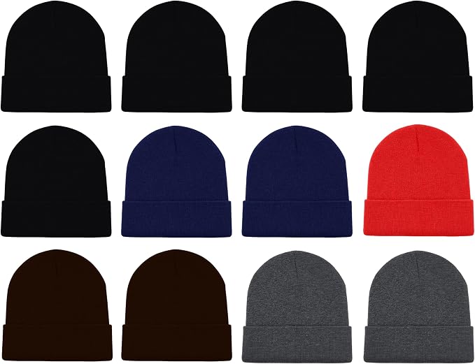 12 Pack Winter Beanie Hats for Men Women, Warm Cozy Knitted Cuffed Skull Cap, Wholesale - skull hat