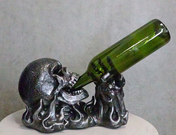 Ebros Dead Rising Skull Hell's Booze Flame Skeleton Wine Holder Figurine 11.25" L Halloween Party Hosting Centerpiece Decor - skull bottle