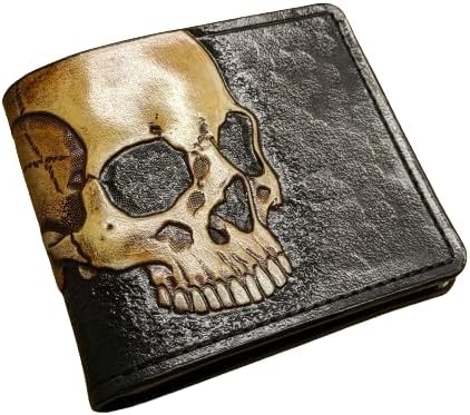 Theodoros Gothic Skull Leather Wallet for Men – Dark Fantasy Skeleton Design – RFID Genuine Leather Bifold Biker Wallet, Embossed, Carved, Tooled & Painted Wallet, Custom Personalized Gift - skull wallet