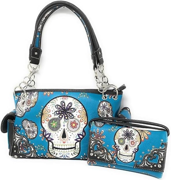 Texas West Women’s Flora Candy Skull Handbag and Matching Wallet in 3 colors