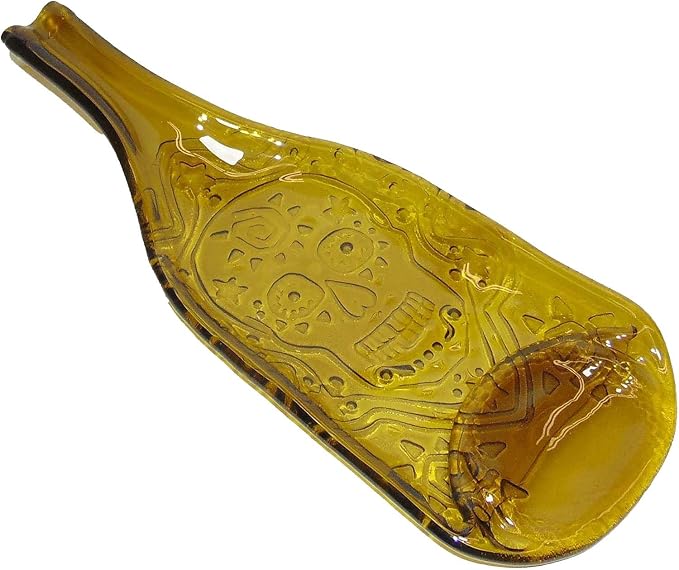 Sugar Skull Embossed Shallow Bowl UpCycled Yellow Wine Bottle - skull candle