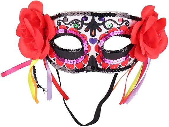 Masquerade Death Masks with Red Flowers Lace for Halloween Party,Day of the Dead Sugar Skull Mask,dia de los muertos - sugar skull costume