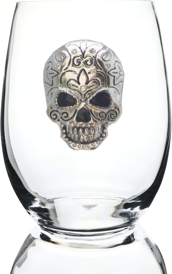 THE QUEENS' JEWELS Skull Jeweled Stemless Wine Glass, 21 oz. - Unique Gift for Women, Birthday, Cute, Fun, Not Painted, Decorated, Bling, Bedazzled, Rhinestone - skull bottle