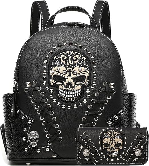 Gothic Skull Backpack Purse and Wallet Set for Women - sugar skull handbags for sale