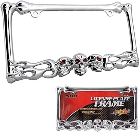 Chromed Skull w/Red Painted Eyes Flames Bones Design License Plate Frame Die Cast Zinc Triple Chrome Plating Auto Car Truck SUV by Pilot Auto - skull plate
