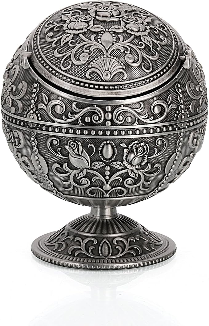 Vintage Windproof Ashtray with Lid Tabletop Portable Cigarette Ashtray for Outdoor Indoor Metal Push Down Ash tray Smoking AshTray Hand Stamped Pattern Gift for Men Women (Rose Tin) - skull ashtray