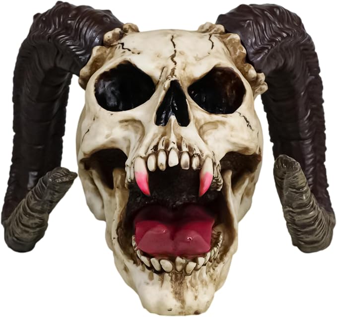 Ebros Large Bizarre Demonic Krampus Ram Horned Skull Sticking Out Tongue Figurine Gothic Ossuary Macabre Halloween Party Centerpiece Skulls Sculpture - skull figurine