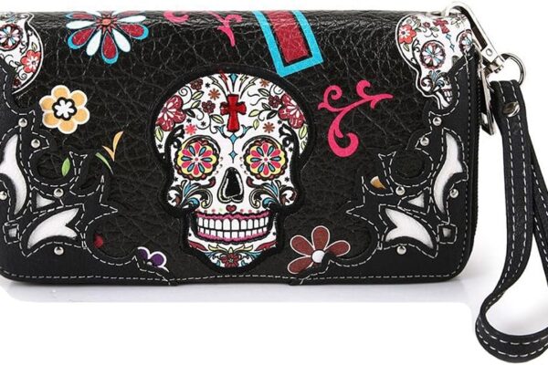 Sugar Skull Western Cross Clutch Wallet Day of the Dead Wristlet Purse Calavera