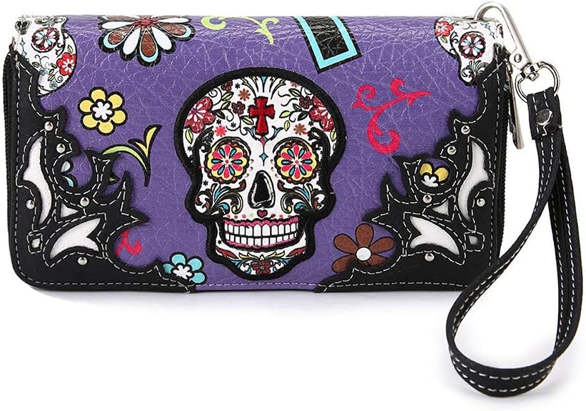 Sugar Skull Western Cross Clutch Wallet Day of the Dead Wristlet Purse Calavera - sugar skull handbags for sale