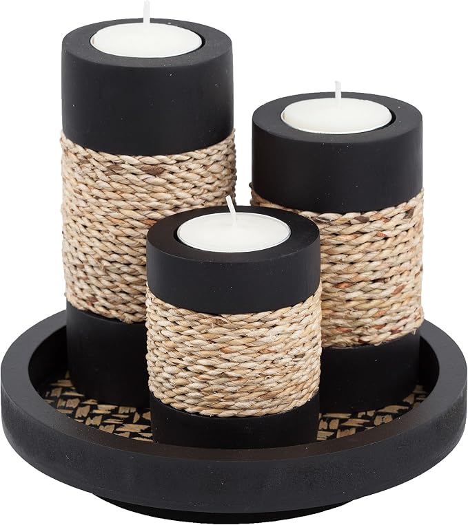 IYARA CRAFT Candleholder Set with Tray, Set of 3 Rustic Black Wooden Tealight Candle Holders with Natural Rope Accent, Coffee Table Centerpiece, Farmhouse Home Decor, Housewarming - skull candle