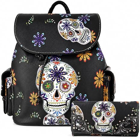 Western Trendy Gothic Skull Backpack Purse and Wallet Set for Women (Black Set) - skull backpack