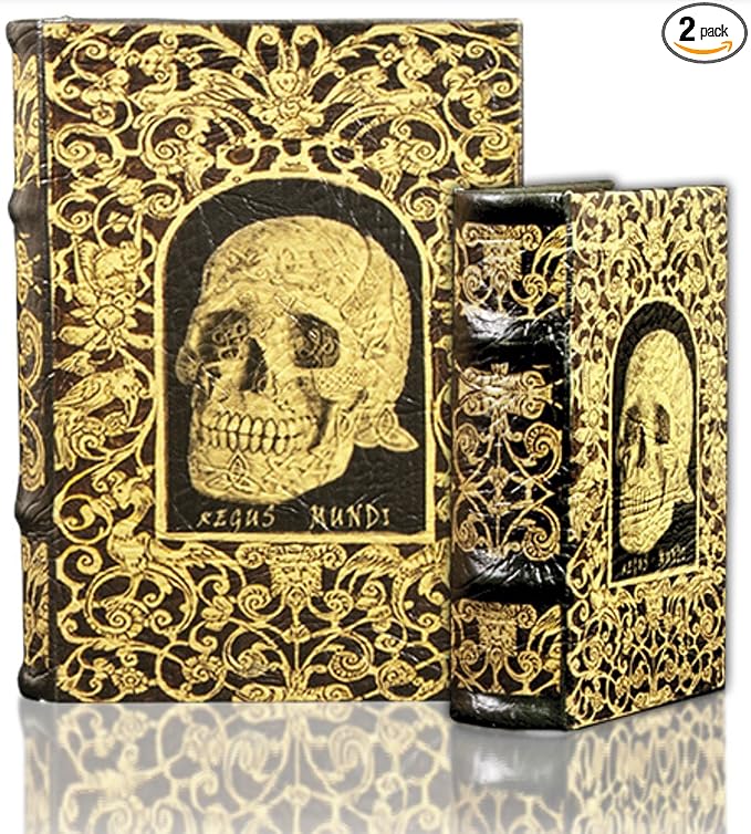 Decorative Skull Jewelry Box & Book Box Set of 2 – Large Faux Wooden Book Boxes Hide Your Keepsakes – Celtic Skull Regis Mundi “King of Death” – Gorgeous – Get Tons of Compliments