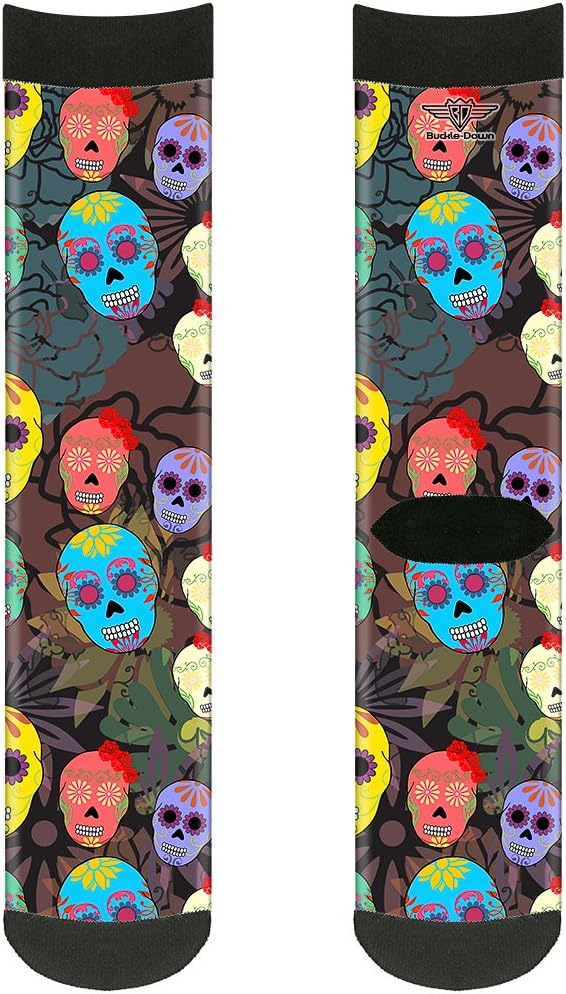 Buckle-Down Unisex-Adult's Socks Painted Sugar Skulls & Flower Collage Crew, Multicolor - sugar skull costume
