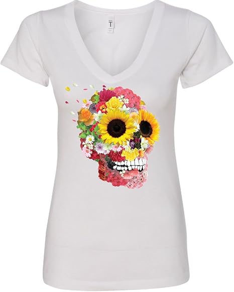 Sunflowers Sugar Skull Women's V-Neck T-Shirt Day of The Dead Calavera Mexico - skull tshirt