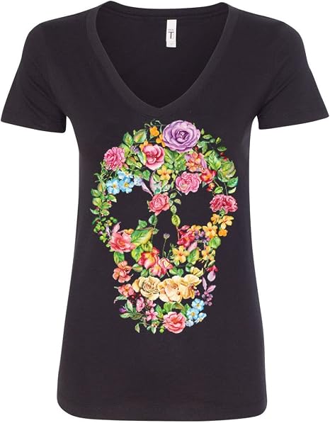 Flower Skull Women's V-Neck T-Shirt Sugar Skull Calavera Dia de Los Muertos - skull hoodie