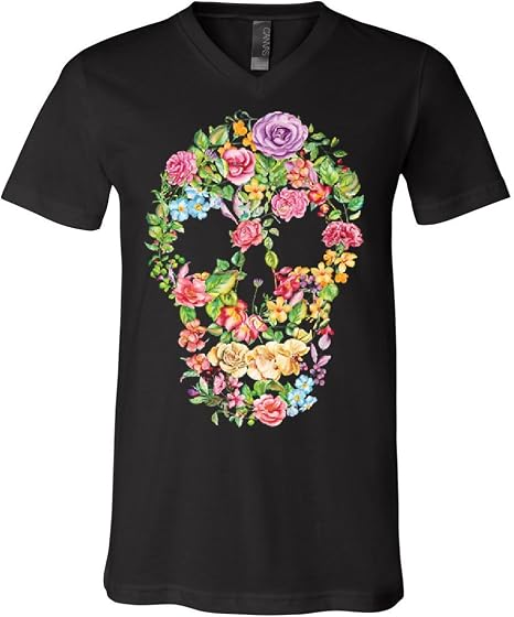 Flower Skull V-Neck T-Shirt Sugar Skull Calavera Dia de Los Muertos Tee - skull tshirt