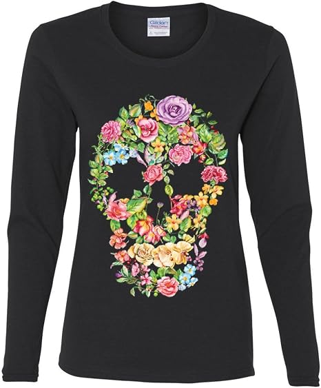 Flower Skull Women's Long Sleeve Tee Sugar Skull Calavera Dia de Los Muertos - skull tshirt