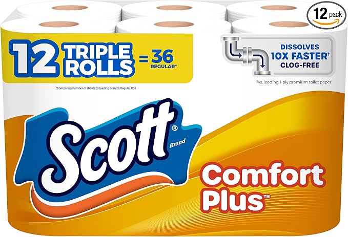 Scott ComfortPlus Toilet Paper, 12 Triple Rolls, 231 Sheets per Roll, Septic-Safe, 1-Ply Toilet Tissue