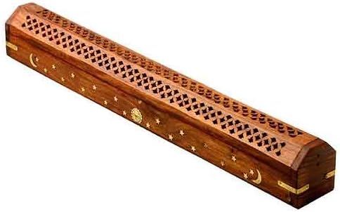 19” Long Dual Incense Holder for Sticks & Cones, Large Handcrafted Wood and Brass Ash Catcher with Storage, Gothic Home Decor for Meditation, Yoga, Altar, Antique, Witchy Decor (Natural Wood) - skull incense burner