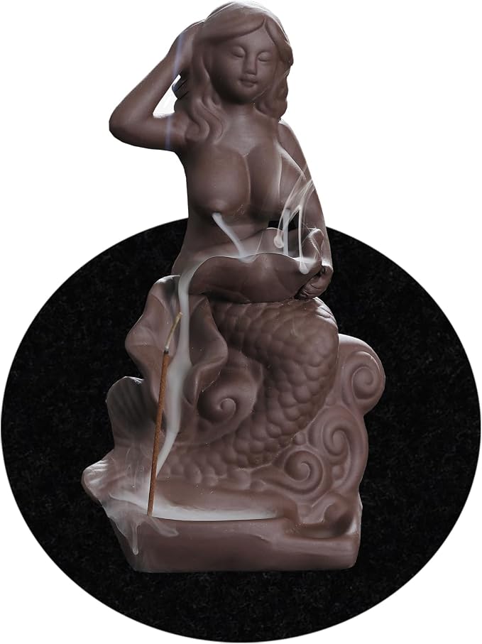 Mermaid Backflow Incense Burner and Incense Cones, Handmade Ceramic Waterfall Incense Holders Home Decor Gift Artwork Statue Ornaments - skull incense burner