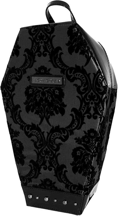Rock Rebel Black Coffin Backpack with Black Damask Fabric - skull backpack
