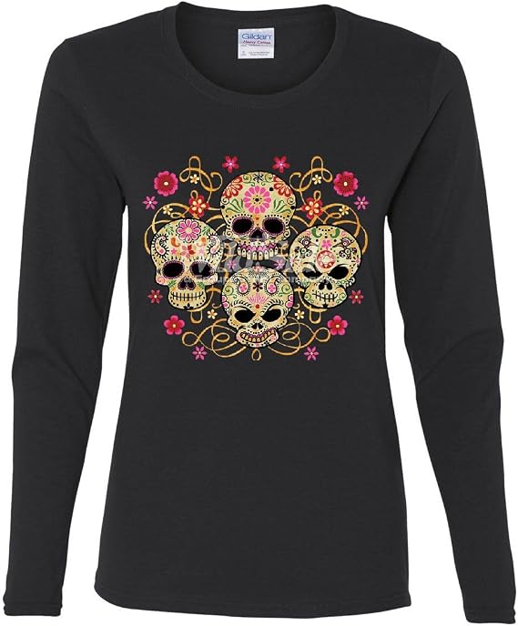 4 Cute Sugar Skulls Women's Long Sleeve Tee Calaveras Dia de Los Muertos Mexico - skull sweatshirts