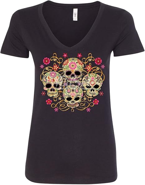 4 Cute Sugar Skulls Women's V-Neck T-Shirt Calaveras Dia de Los Muertos Mexico - skull sweatshirts