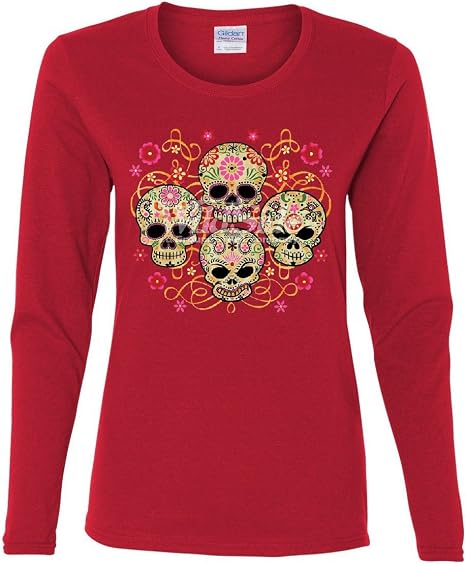 4 Cute Sugar Skulls Women's Long Sleeve Tee Calaveras Dia de Los Muertos Mexico - skull tshirt