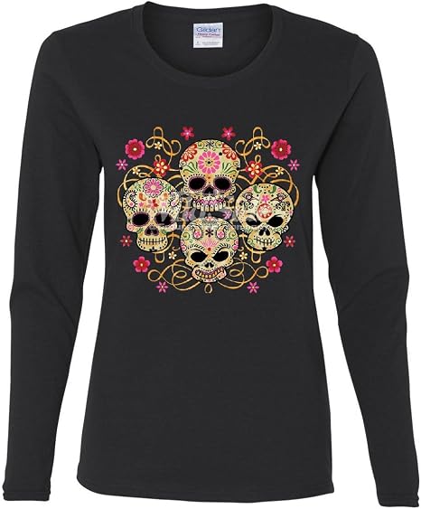 4 Cute Sugar Skulls Women's Long Sleeve Tee Calaveras Dia de Los Muertos Mexico - skull tshirt