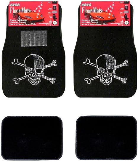 ALLBrand Universal Fit Front/Rear 4-Piece Full Set Crystal Bling Rhinestone Studded Carpet Car SUV Truck Floor Mats (White Skull/Black) - skull carpet