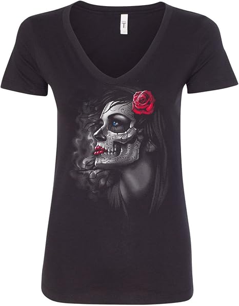Day of The Dead Girl Women's V-Neck T-Shirt Skull Face Dia de Los Muertos Roses - skull sweatshirts