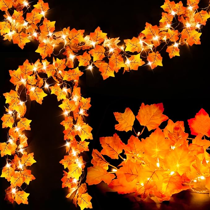 2-Pack Lighted Fall Garland, Total 16.4ft 40 LED Autumn String Lights - string light