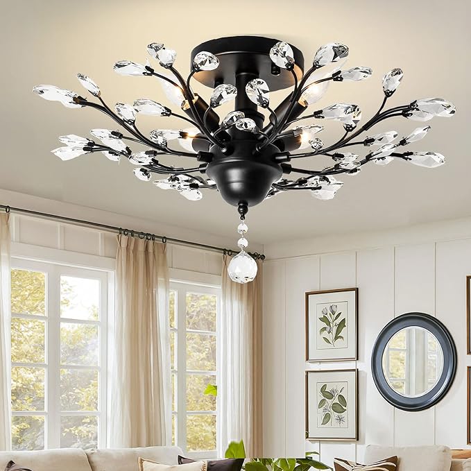 4-Light Crystal Chandelier, 23.6 Inch Black Flush Mount Fixture