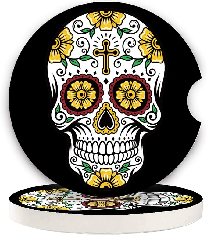 Sugar Skull Small 2.56" Absorbent Auto Coasters 2 Pack - Ceramic, Absorbs Spills, Keeps Cupholders Clean - skull coaster