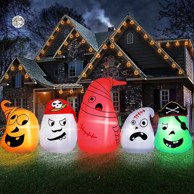 B&D 8FT Long Halloween Inflatables Ghost Outdoor Decorations, 5 Pirate Ghosts Inflatable Halloween Decorations with Color Changing RGB Lights Halloween Blow Ups for Party, Garden, Yard, Lawn Decor - skull inflatable