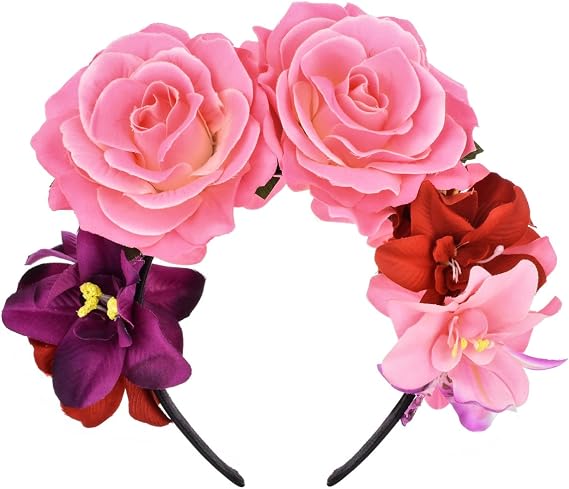 DreamLily Day of the Dead Headband Costume Rose Flower Crown Halloween Headpiece BC40 (Mexican Festival Crown Pink) - skull headband