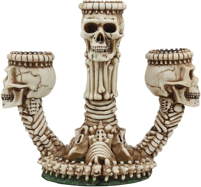 Ebros Gothic Trio Ossuary Graveyard Skulls and Skeleton Bones Candelabra Candle Holder Statue Wicked Skeletal Altar Shrine Figurine - skull candle