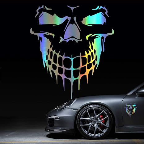 3D Skull Stickers and Decals for Car Windows, Doors, and Trucks - Laser Bumper Stickers for Car Styling and Decor - Holographic Silver, 6.97" - skull sticker