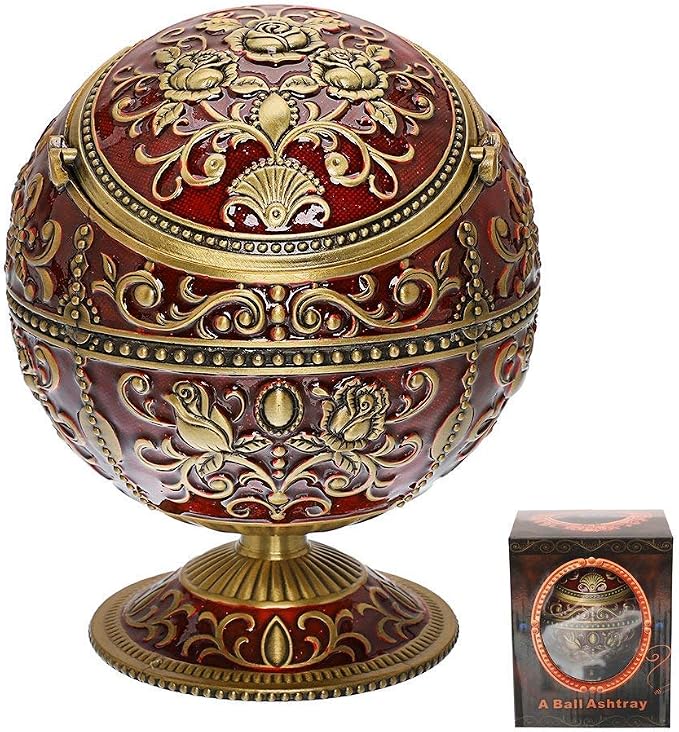 Vintage Windproof Ashtray with Lid for Cigarettes & Cigars - Metal Portable Odor Eliminator for Indoors & Outdoors - Hand Stamped Nice Gift for Men & Women - LAUYOO (Dark Red with Bronze Rose) - skull ashtray