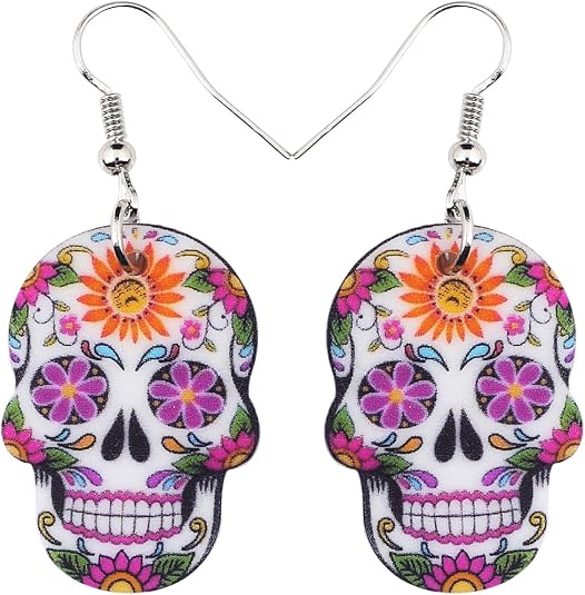 NEWEI Cute Halloween Sugar Skull Earrings Dangle Acrylic Day of the Dead Decor Gifts for Women Festival Charms