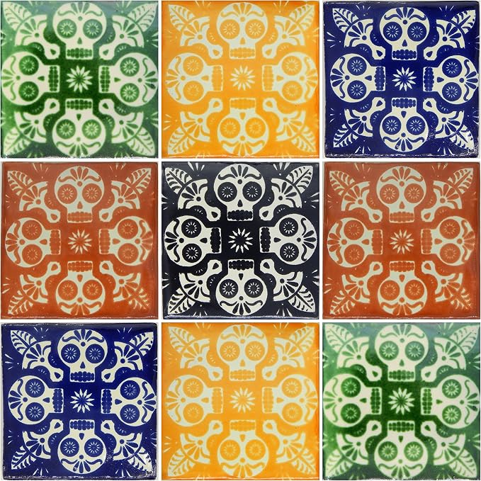 9 Mexican Tiles 4" x 4" Day of The Dead Skulls Hand Painted - skull coaster