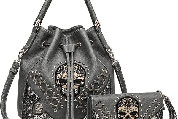 Western Skull Bucket Bag for Women, Crossbody Shoulder Purse and Wallet Set