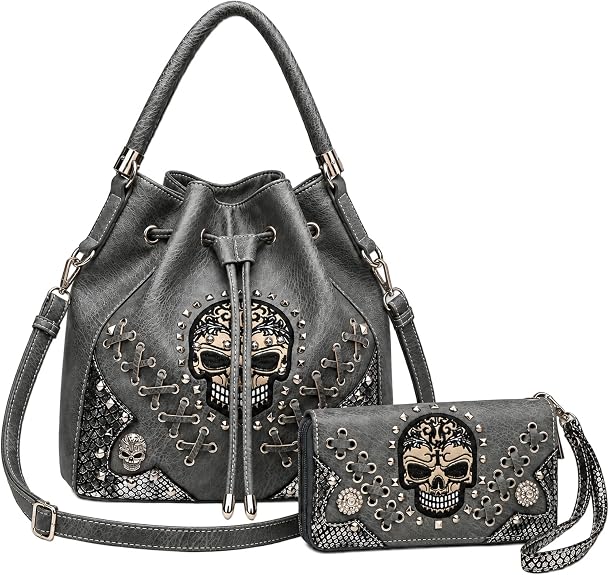 Western Skull Bucket Bag for Women, Crossbody Shoulder Purse and Wallet Set