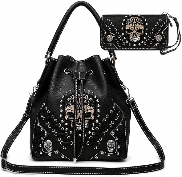 Western Skull Bucket Bag for Women, Crossbody Shoulder Purse and Wallet Set - sugar skull handbags for sale