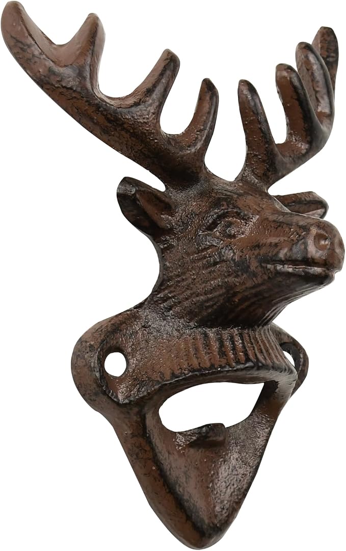 Deer Skull Wall Mount Bottle Opener - Cast Iron Deer Head Antlers Beer Opener for Kitchen, Man Cave, Cabin Bar Accessories, Home Decor - Unique Stag Hunting Gifts for Men, Dad, Grandpa - Brown 5.5" - skull bottle