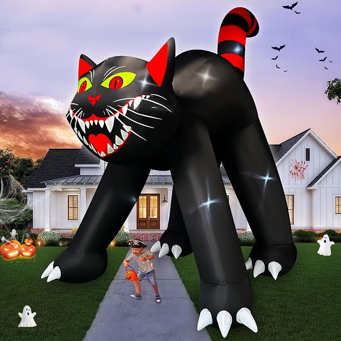 SEASONBLOW 14 Ft Giant Halloween Inflatable Black Cat Outdoor Decoration - skull inflatable