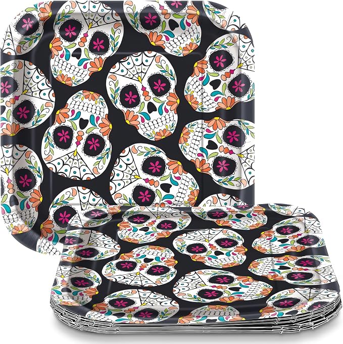 Skull Day of the Dead Paper Square Dessert Plates | 7" x 7" | 10 Pcs - skull plate
