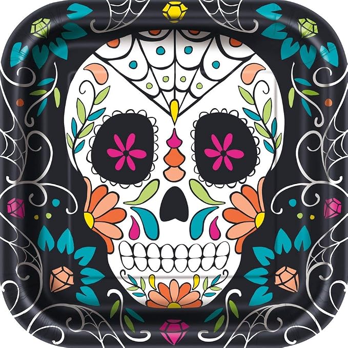 Unique Skull Day Dead Square Plates, 8 Ct. - skull plate