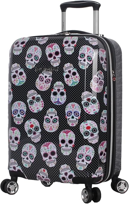 Betsey Johnson Designer 20 Inch Carry On - Expandable (ABS + PC) Hardside Luggage - Lightweight Durable Suitcase With 8-Rolling Spinner Wheels for Women (Skull Party) - skull suitcase